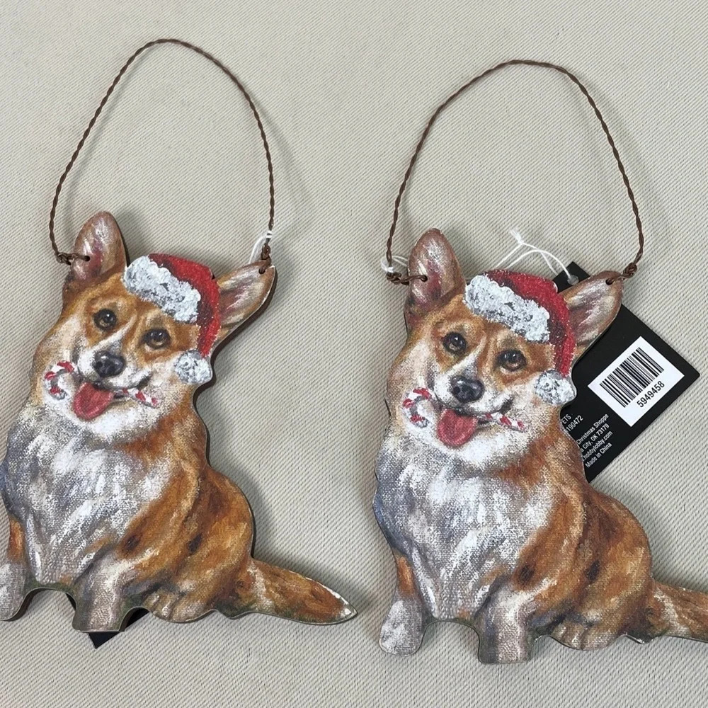 Corgi Red Santa Hat Dog Holiday Christmas Wood‎ Ornament Wire Hanger NEW 2 Set
